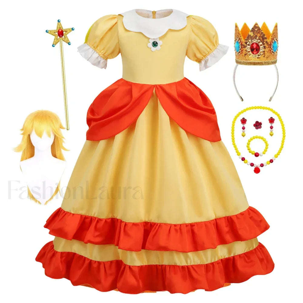 Princess Cosplay Peach Dress Accessories Role Play Carnival Birthday Kid Costume 2T (Tag 100) / Dress C