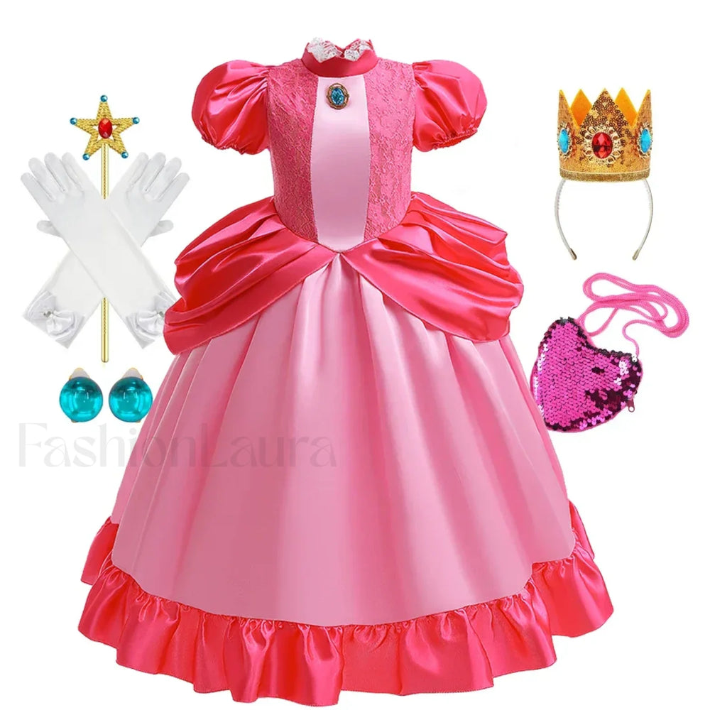 Princess Cosplay Peach Dress Accessories Role Play Carnival Birthday Kid Costume 2T (Tag 100) / Peach Dress C