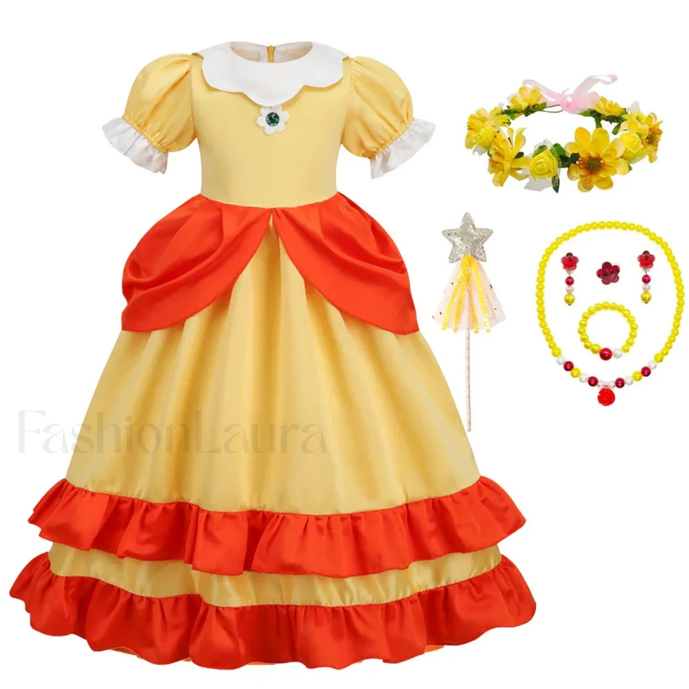 Princess Cosplay Peach Dress Accessories Role Play Carnival Birthday Kid Costume 2T (Tag 100) / Dress F