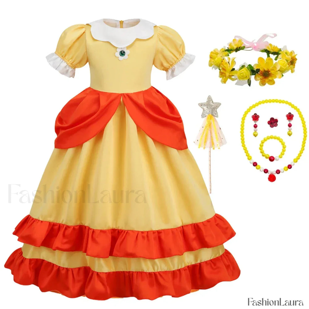 Princess Cosplay Peach Dress Accessories Role Play Carnival Birthday Kid Costume 2T (Tag 100) / Dress F