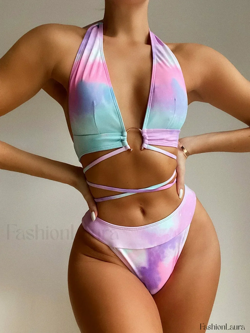Print Bandage Halter Metal Ring Bikini Set pink / S
