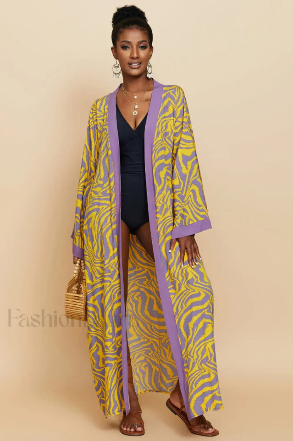 Print Belted Stylish Kimono Dress Free Size / 1#
