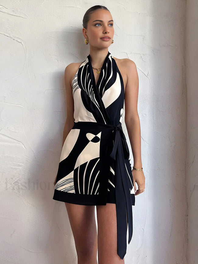 Print Halter Belted Short Dress BlackandWhite / XS Dresses Main image
