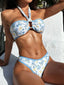 Print Hollow Halter Bikini Set Blue / S