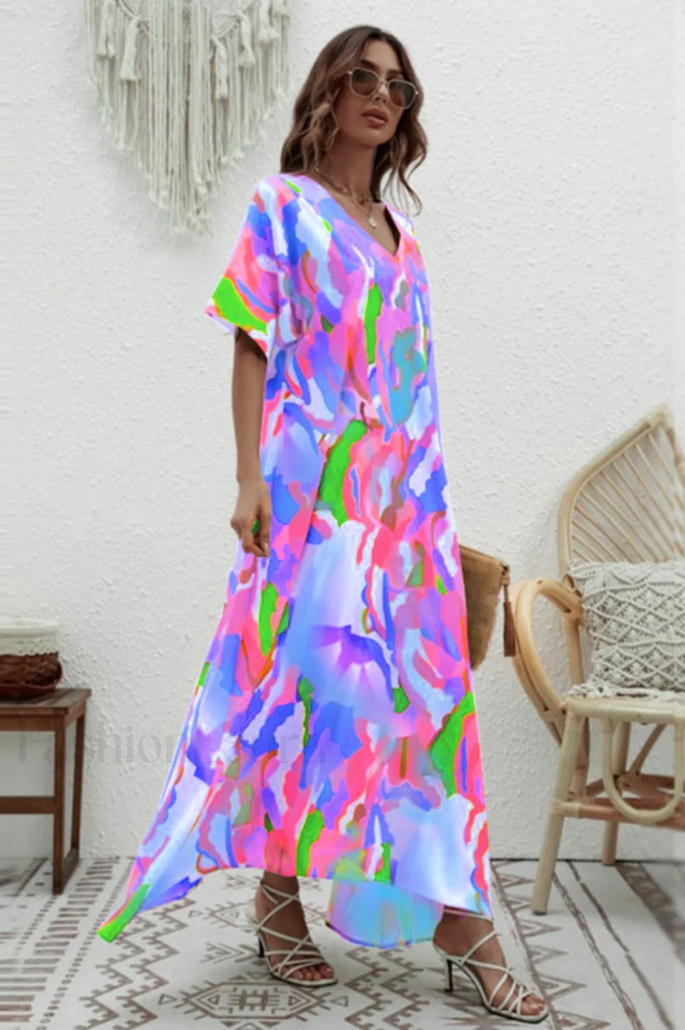 Print Short Sleeve Charming Wide Hem Maxi Dress