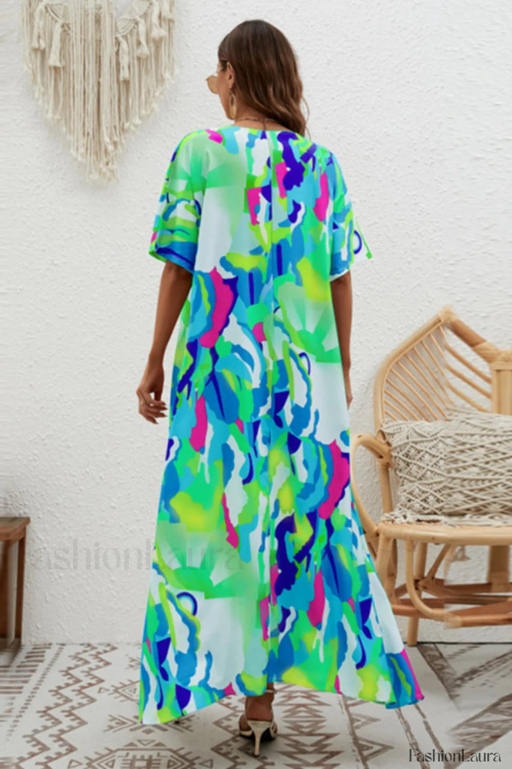Print Short Sleeve Charming Wide Hem Maxi Dress