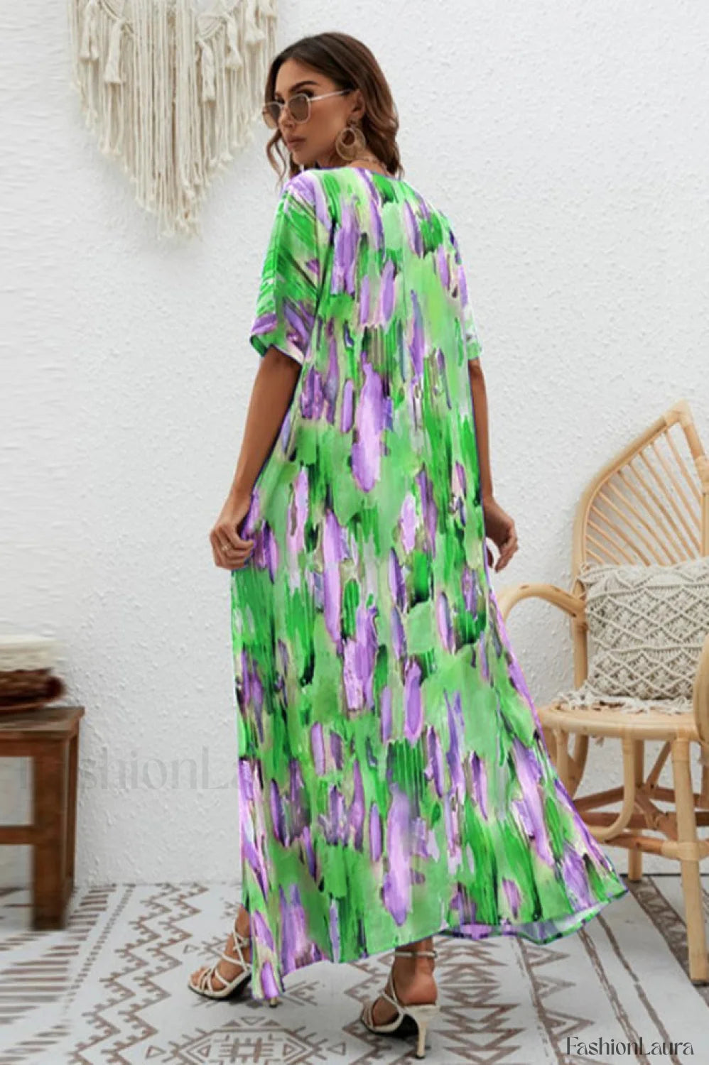 Print Short Sleeve Charming Wide Hem Maxi Dress