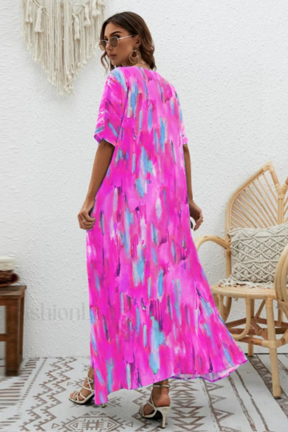 Print Short Sleeve Charming Wide Hem Maxi Dress