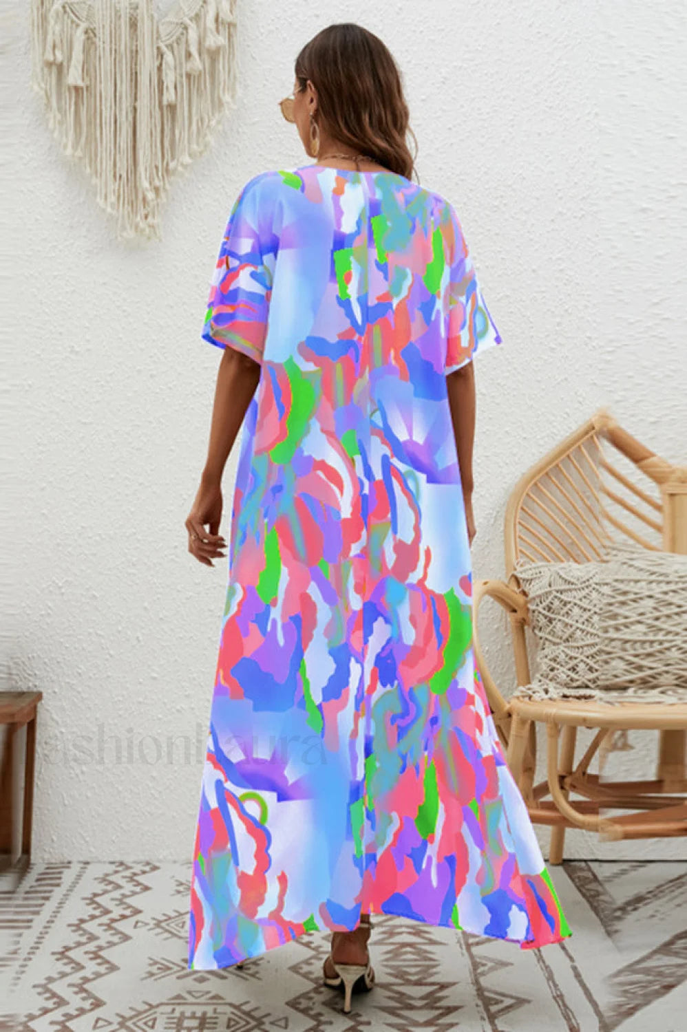 Print Short Sleeve Charming Wide Hem Maxi Dress
