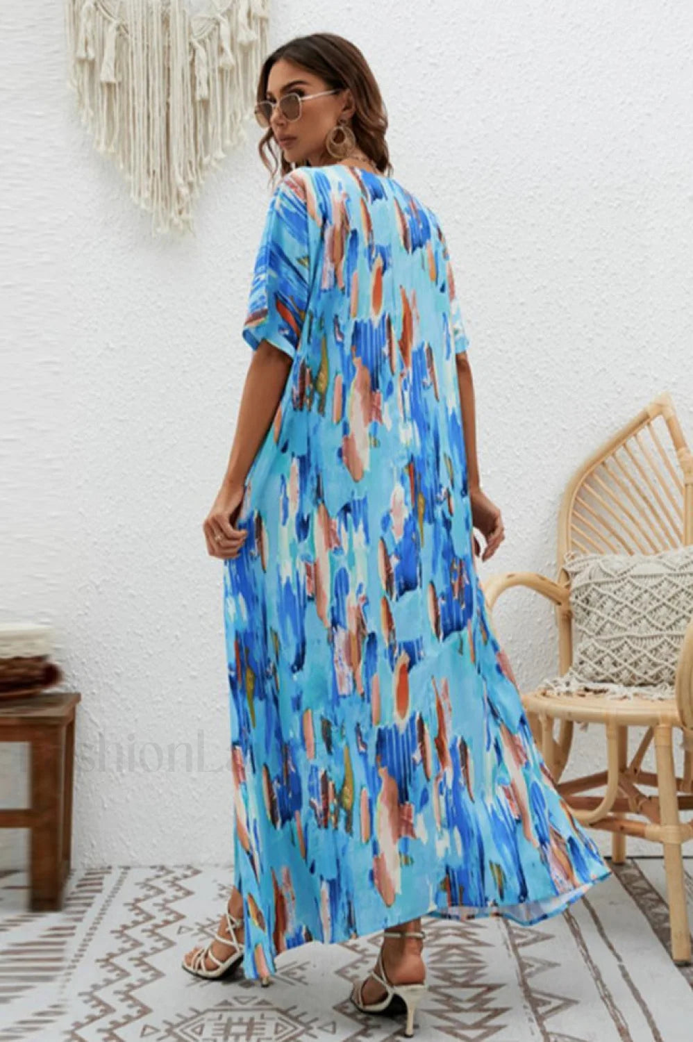 Print Short Sleeve Charming Wide Hem Maxi Dress