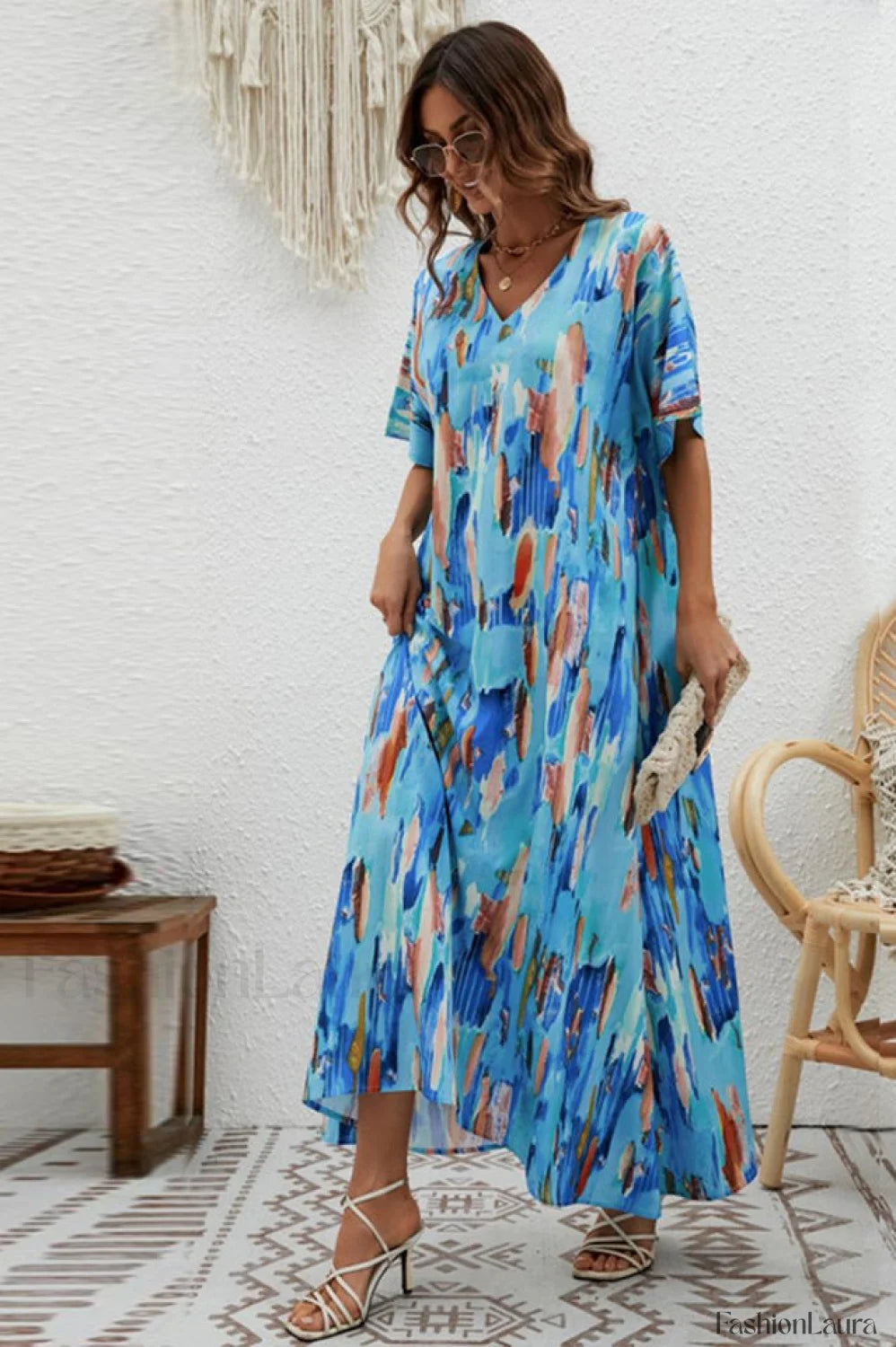 Print Short Sleeve Charming Wide Hem Maxi Dress