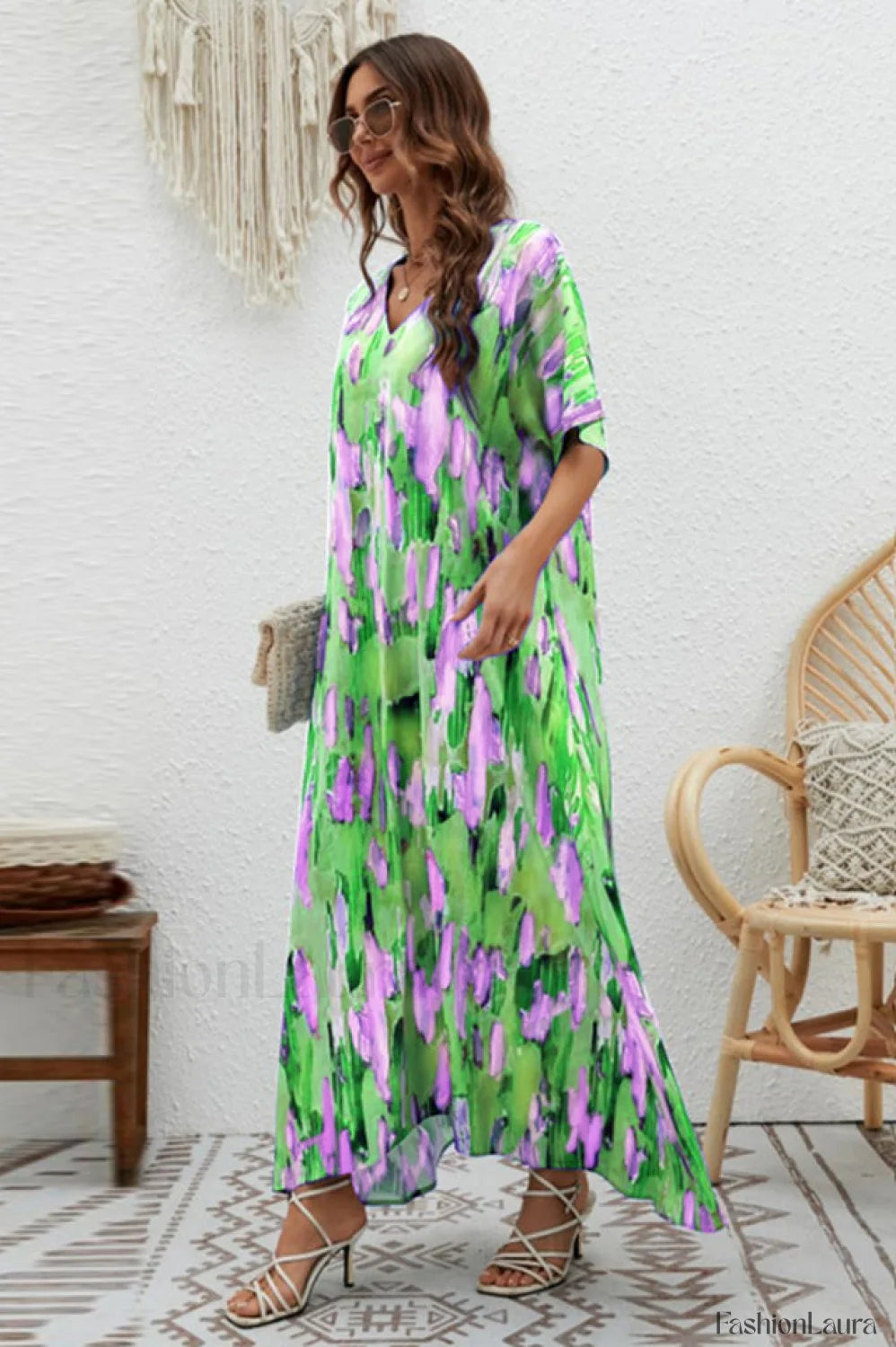 Print Short Sleeve Charming Wide Hem Maxi Dress