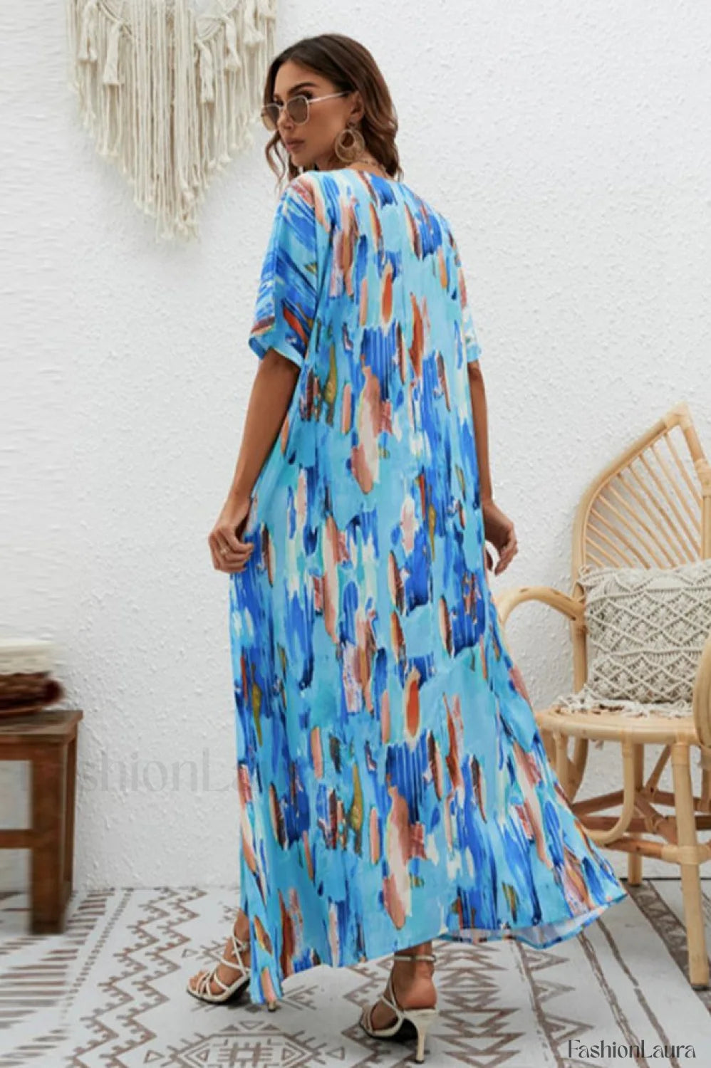 Print Short Sleeve Charming Wide Hem Maxi Dress