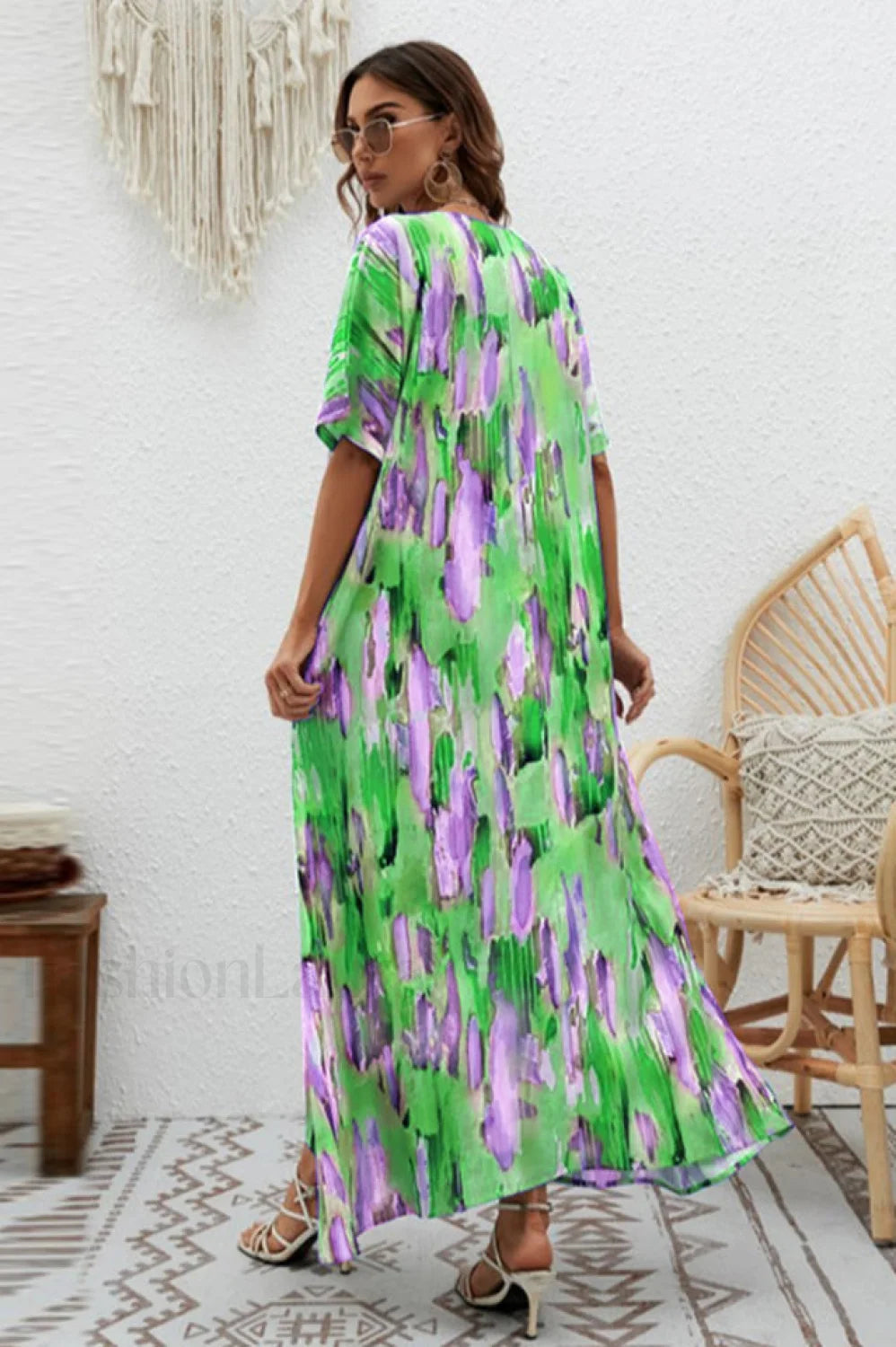Print Short Sleeve Charming Wide Hem Maxi Dress