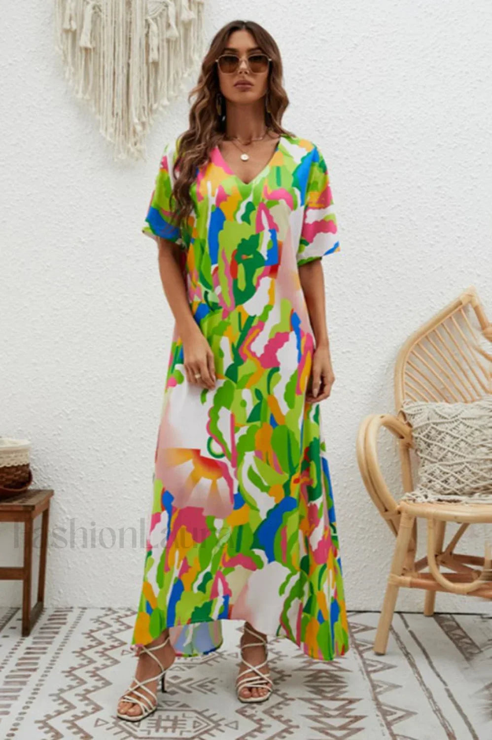 Print Short Sleeve Charming Wide Hem Maxi Dress Secondary image