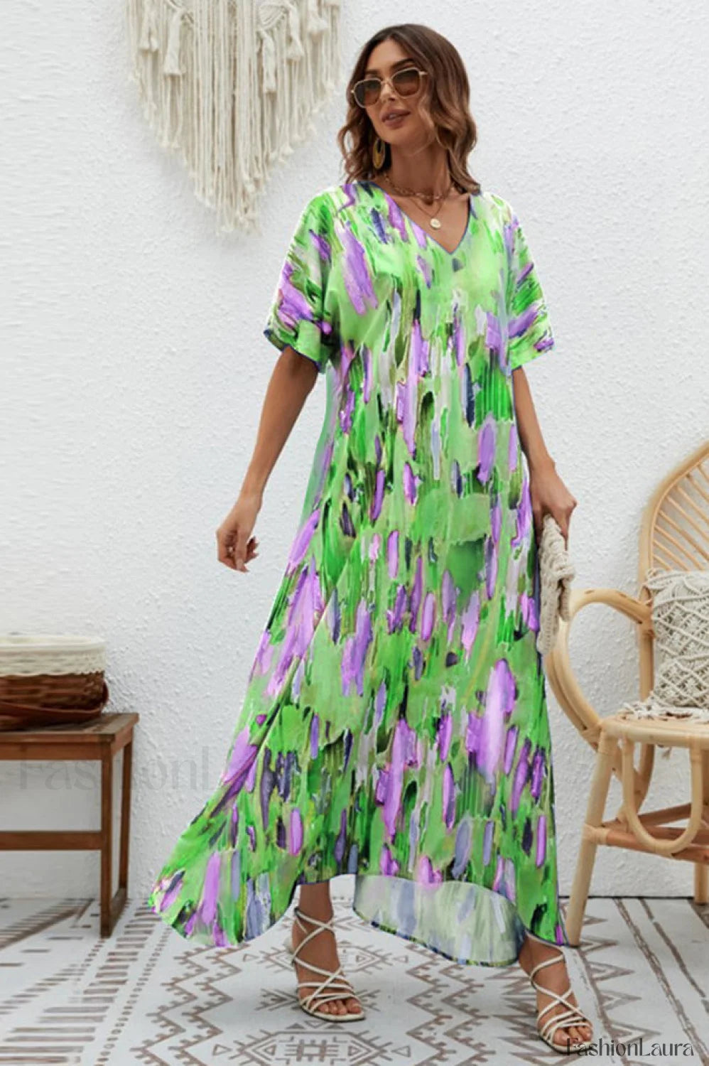 Print Short Sleeve Charming Wide Hem Maxi Dress S / 2#