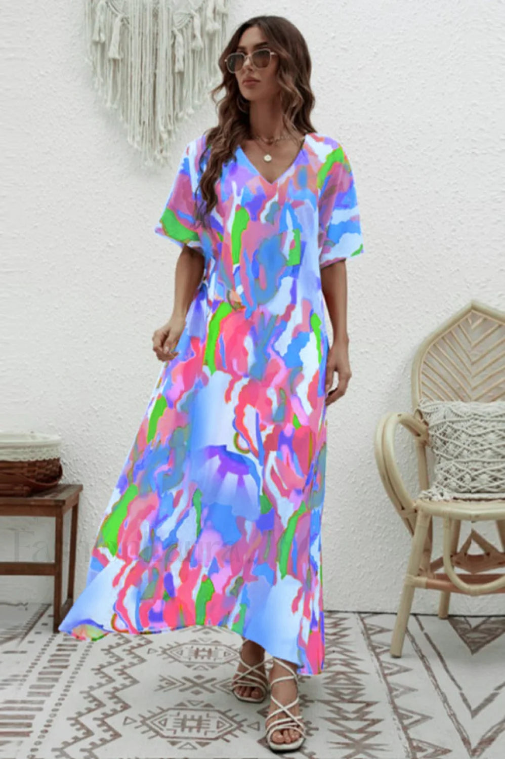 Print Short Sleeve Charming Wide Hem Maxi Dress S / 3#