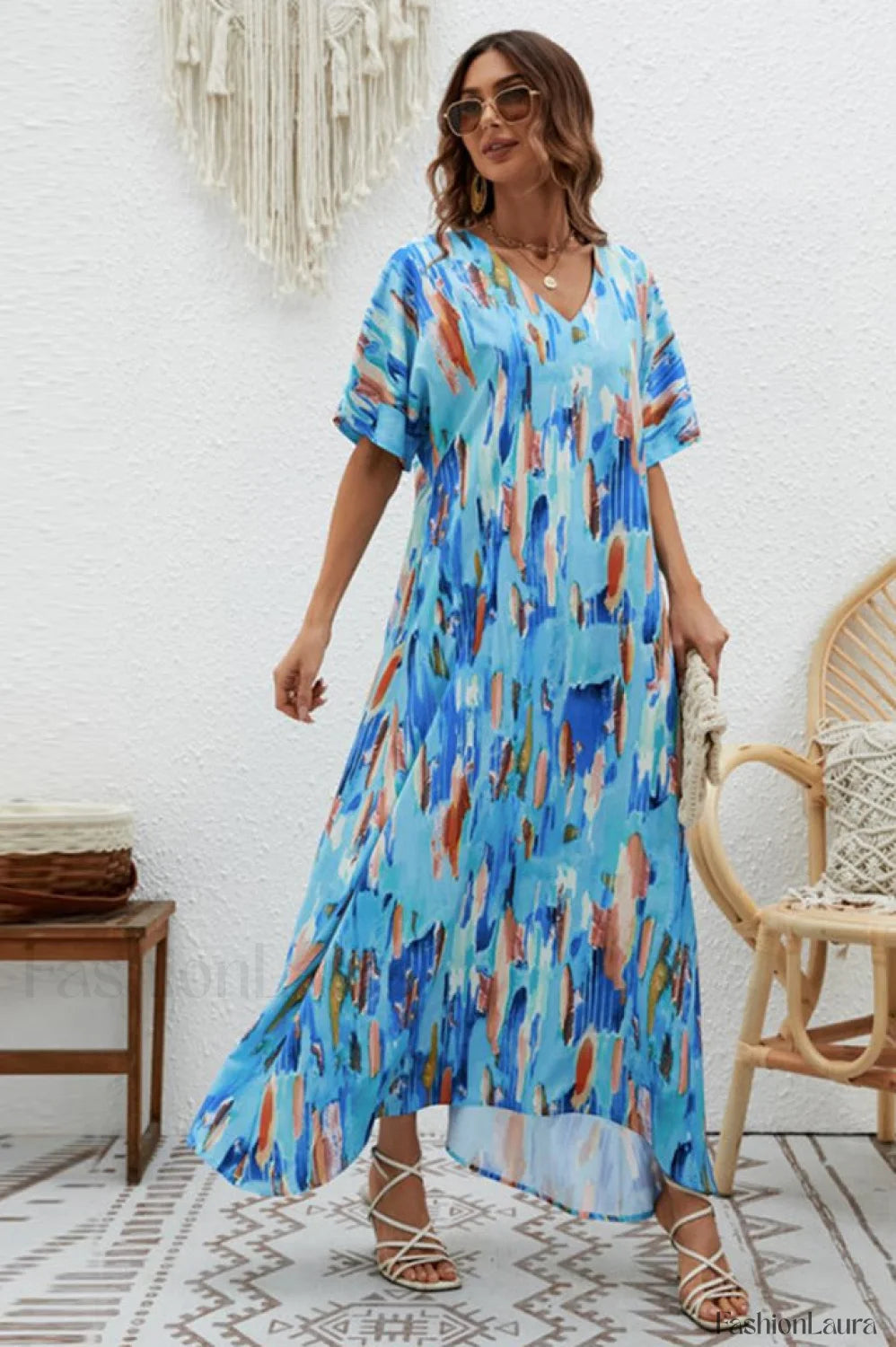 Print Short Sleeve Charming Wide Hem Maxi Dress S / 4#