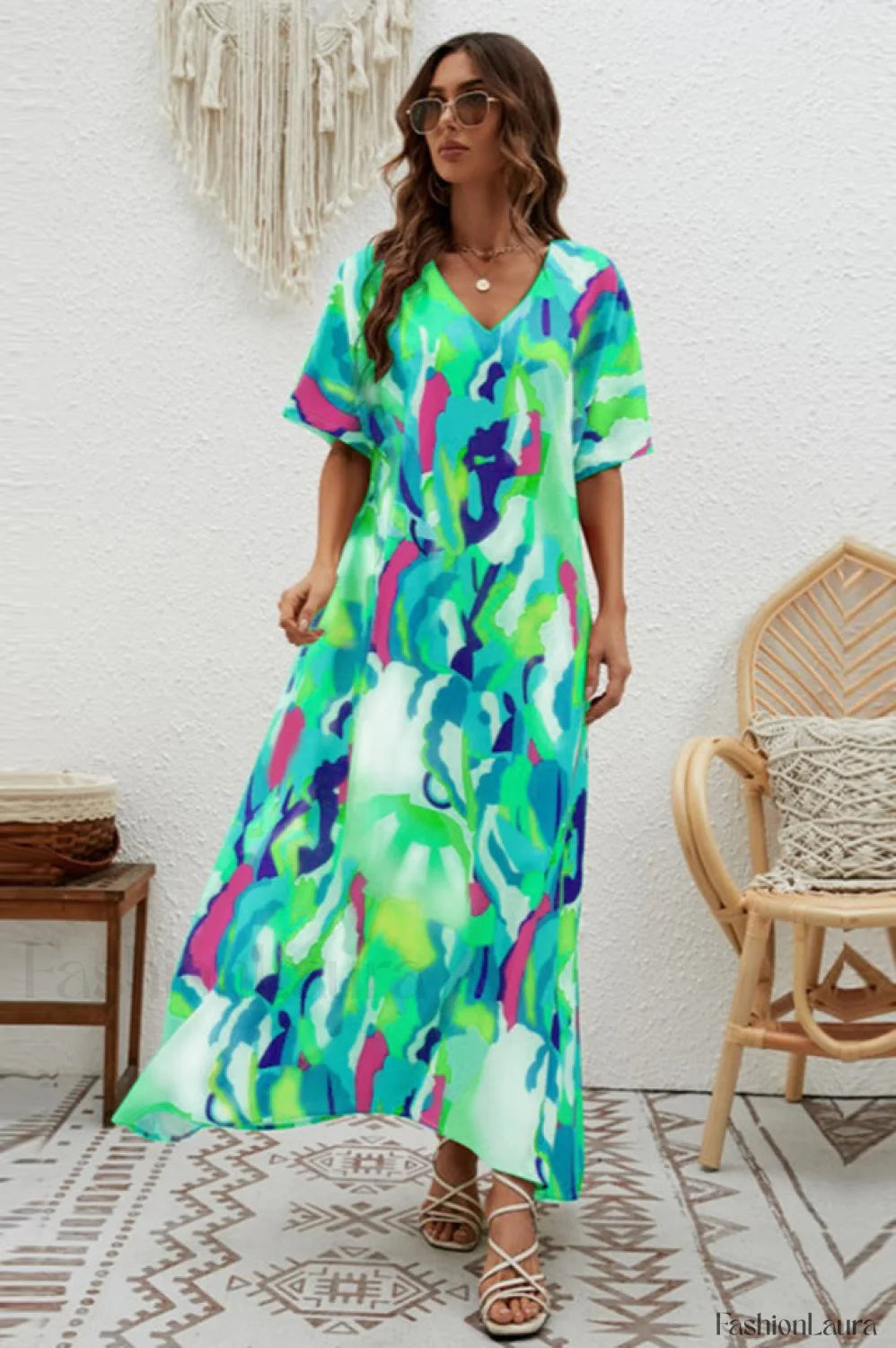 Print Short Sleeve Charming Wide Hem Maxi Dress S / 7#