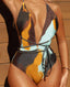 Print Strapped Deep V Cross One Piece brown / S