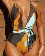 Print Strapped Deep V Cross One Piece brown / S