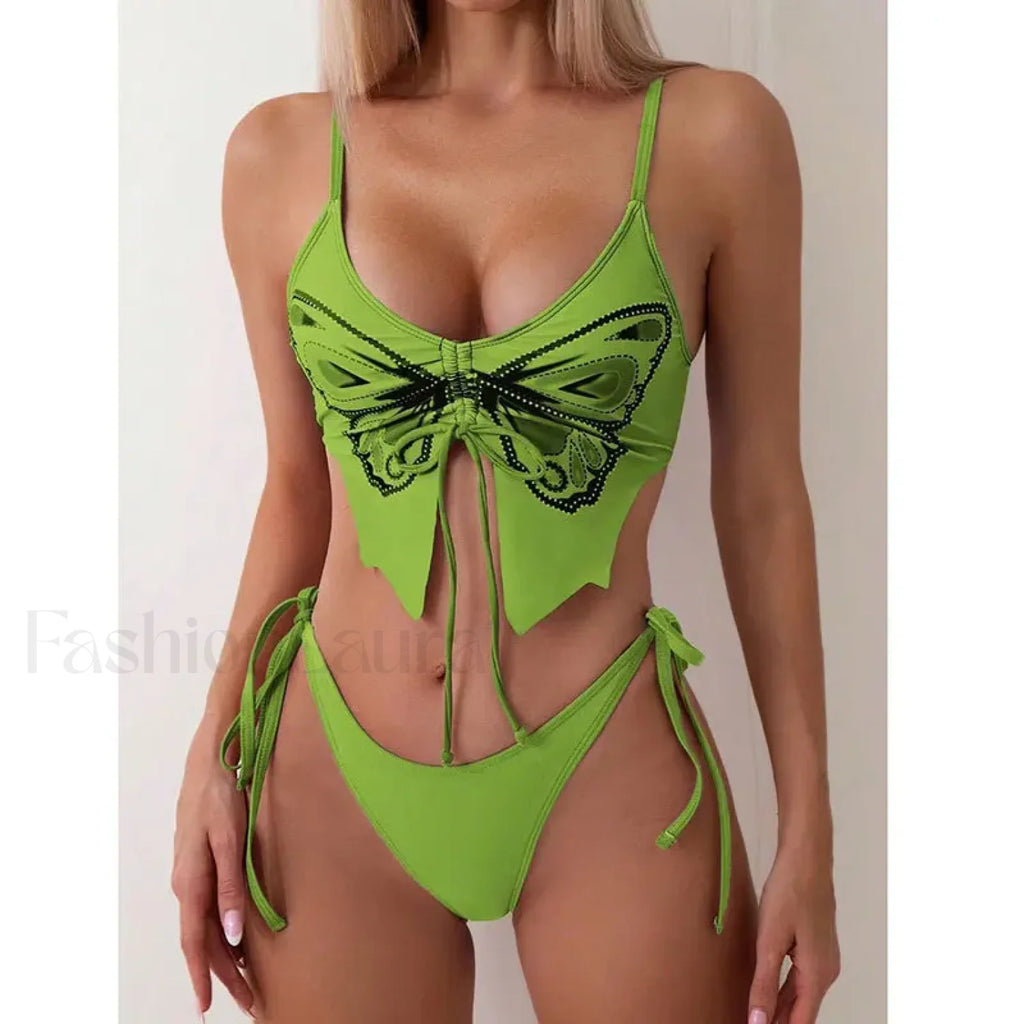 Print Tied High Cut Push Up Bikini Set Green / S