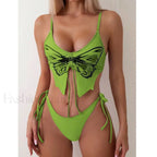 Print Tied High Cut Push Up Bikini Set Green / S