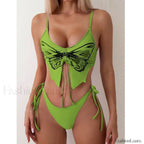 Print Tied High Cut Push Up Bikini Set Green / S
