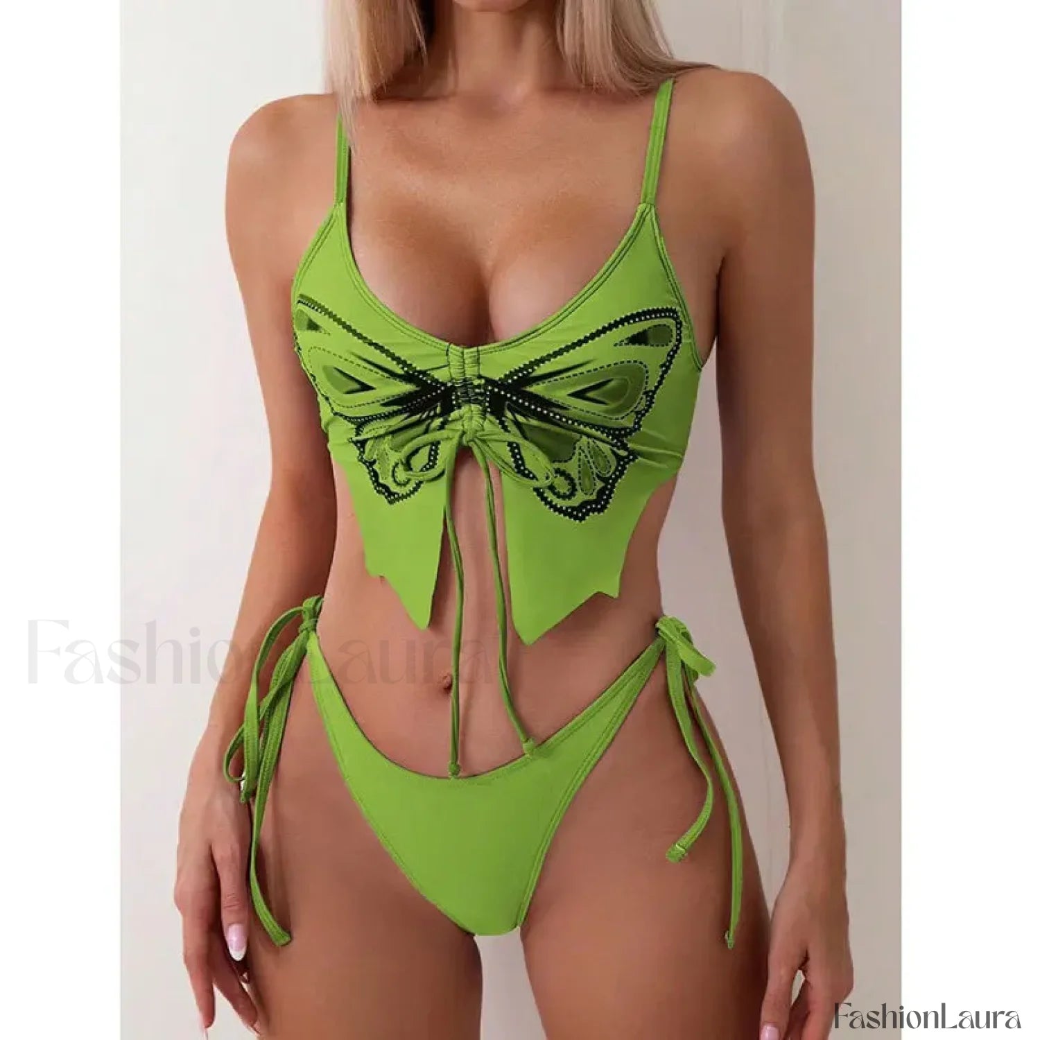 Print Tied High Cut Push Up Bikini Set Green / S