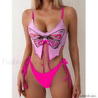 Print Tied High Cut Push Up Bikini Set Pink / S