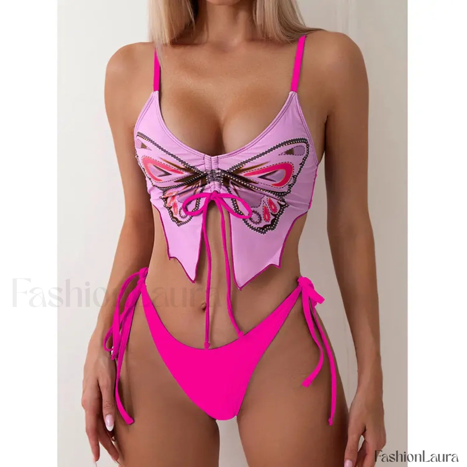 Print Tied High Cut Push Up Bikini Set Pink / S