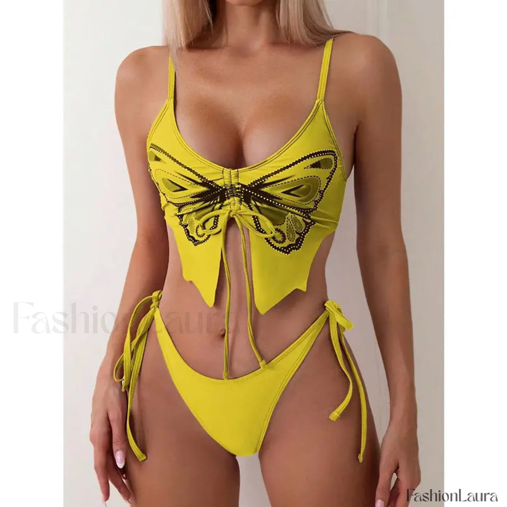 Print Tied High Cut Push Up Bikini Set Yellow / S