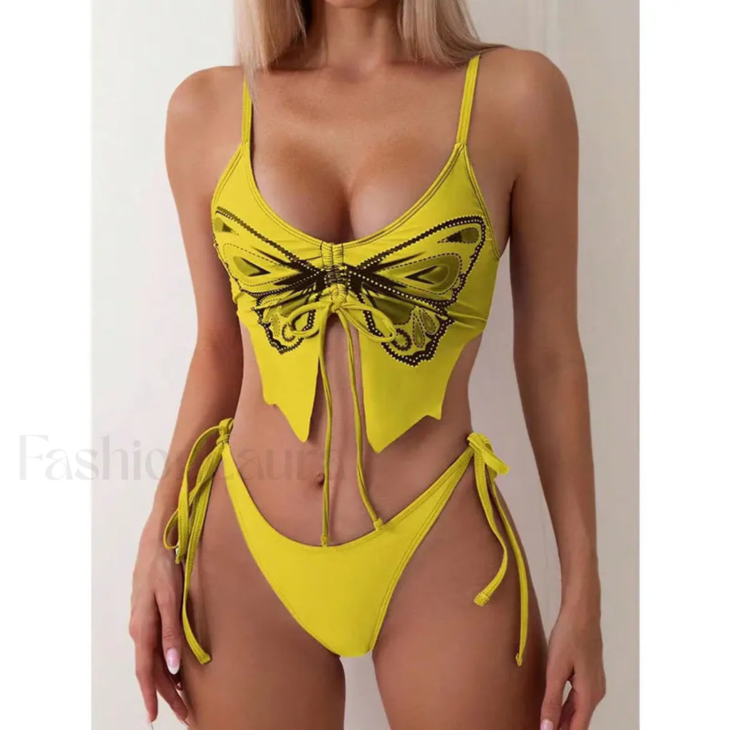 Print Tied High Cut Push Up Bikini Set Yellow / S