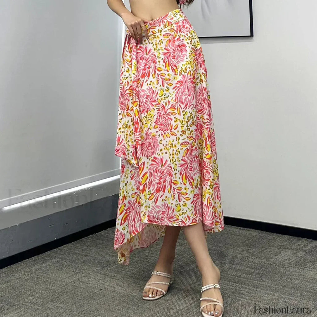 Printed Asymmetric Straight Skirt RED / S