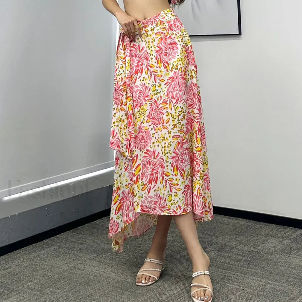 Printed Asymmetric Tie Waist Skirt