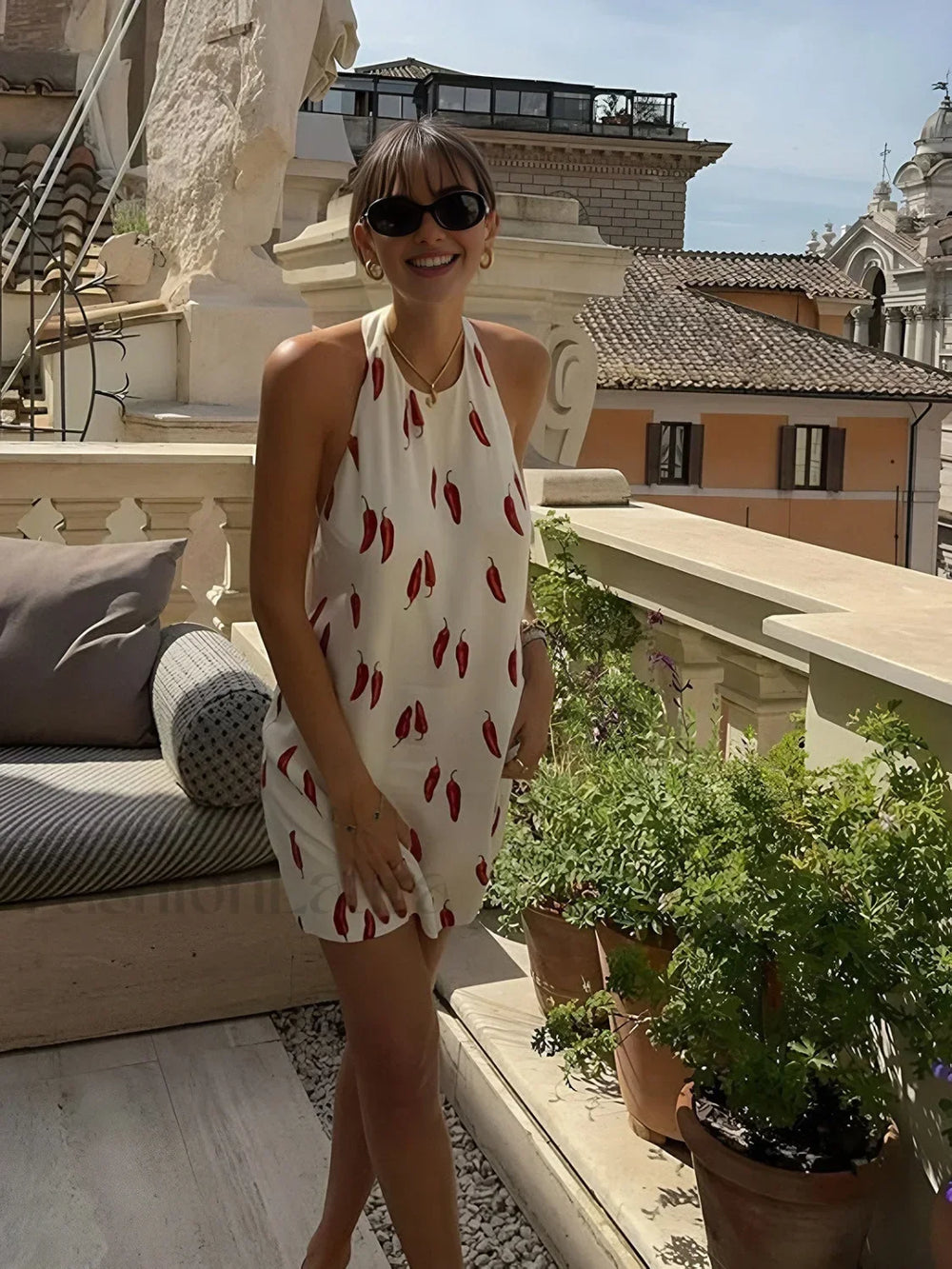 Printed Backless Short Dress Off White / XS Floral Dresses