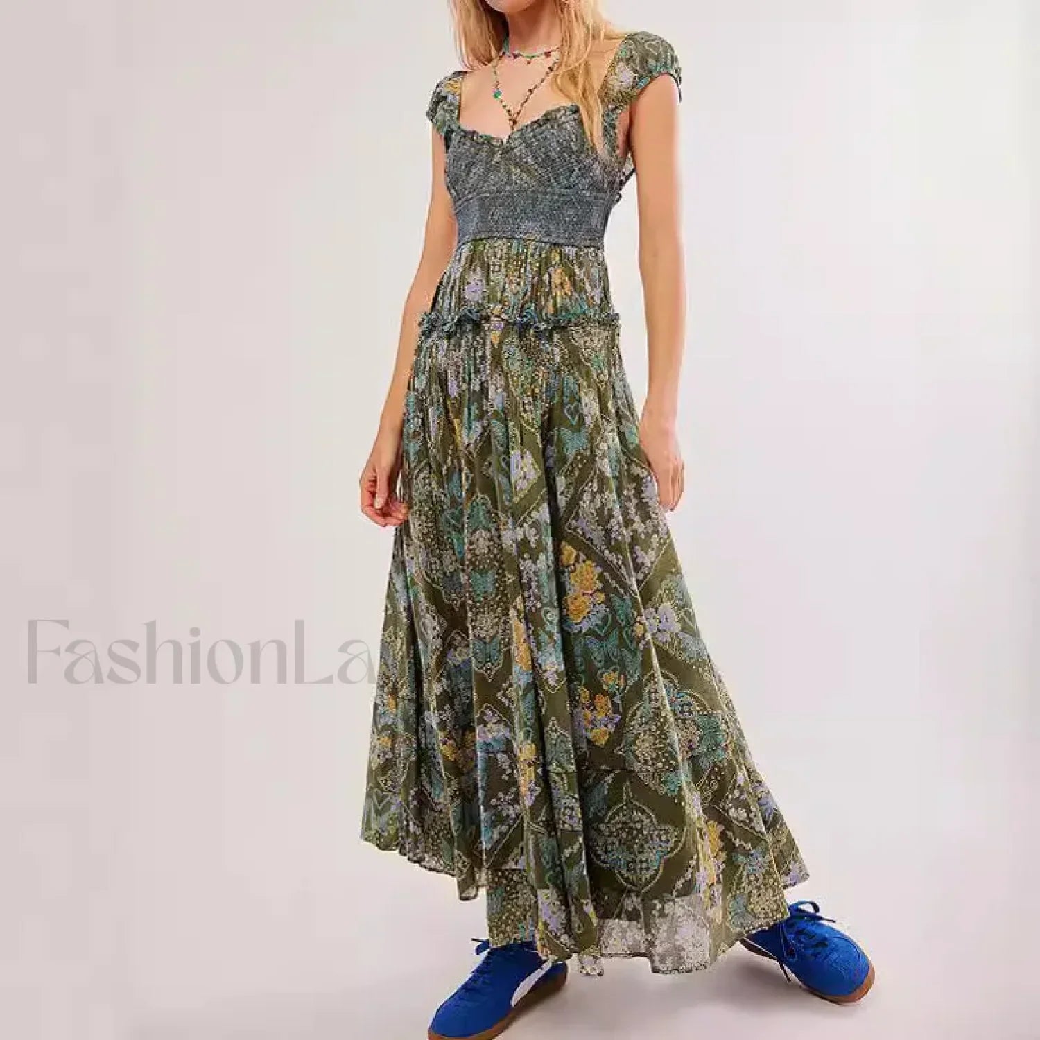 Printed Chiffon Short Sleeve Boho Dress Main image