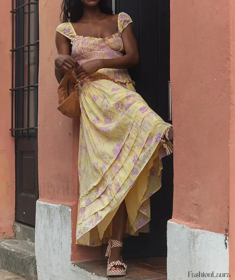 Printed Chiffon Short Sleeve Boho Dress Yellow / S