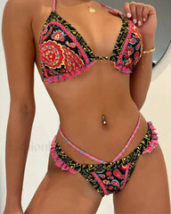 Printed Frilled Halter Bikini Set