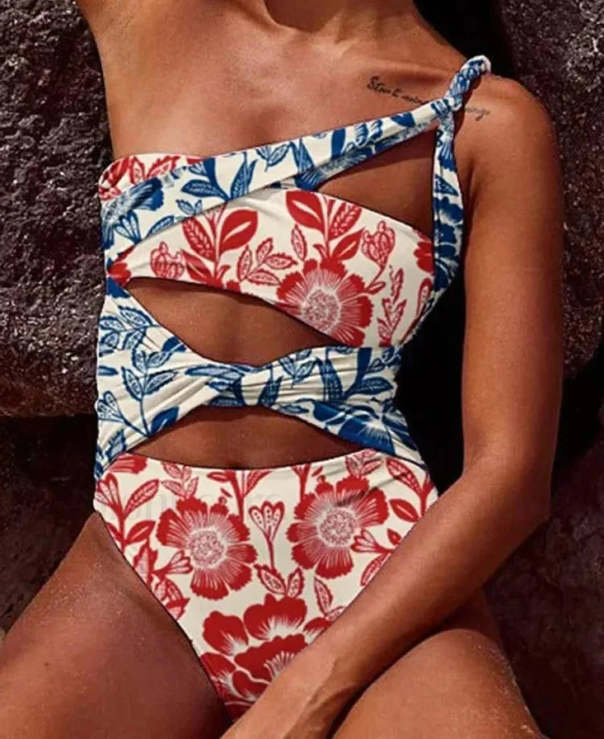 Printed Hollow Out One Shoulder One Piece Main image