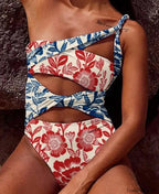 Printed Hollow Out One Shoulder One Piece