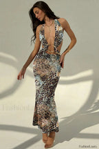 Printed Hollow Snake Pattern Sexy Perspective Floral Dress