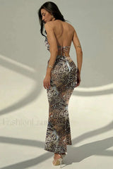 Printed Hollow Snake Pattern Sexy Perspective Floral Dress