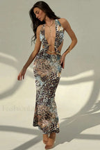 Printed Hollow Snake Pattern Sexy Perspective Floral Dress