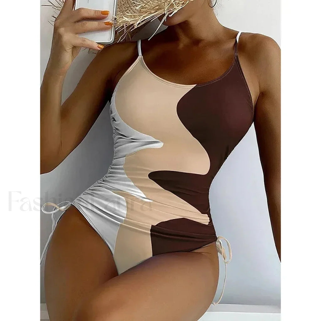 Printed Lace Up Drawstring One Piece Brown / S