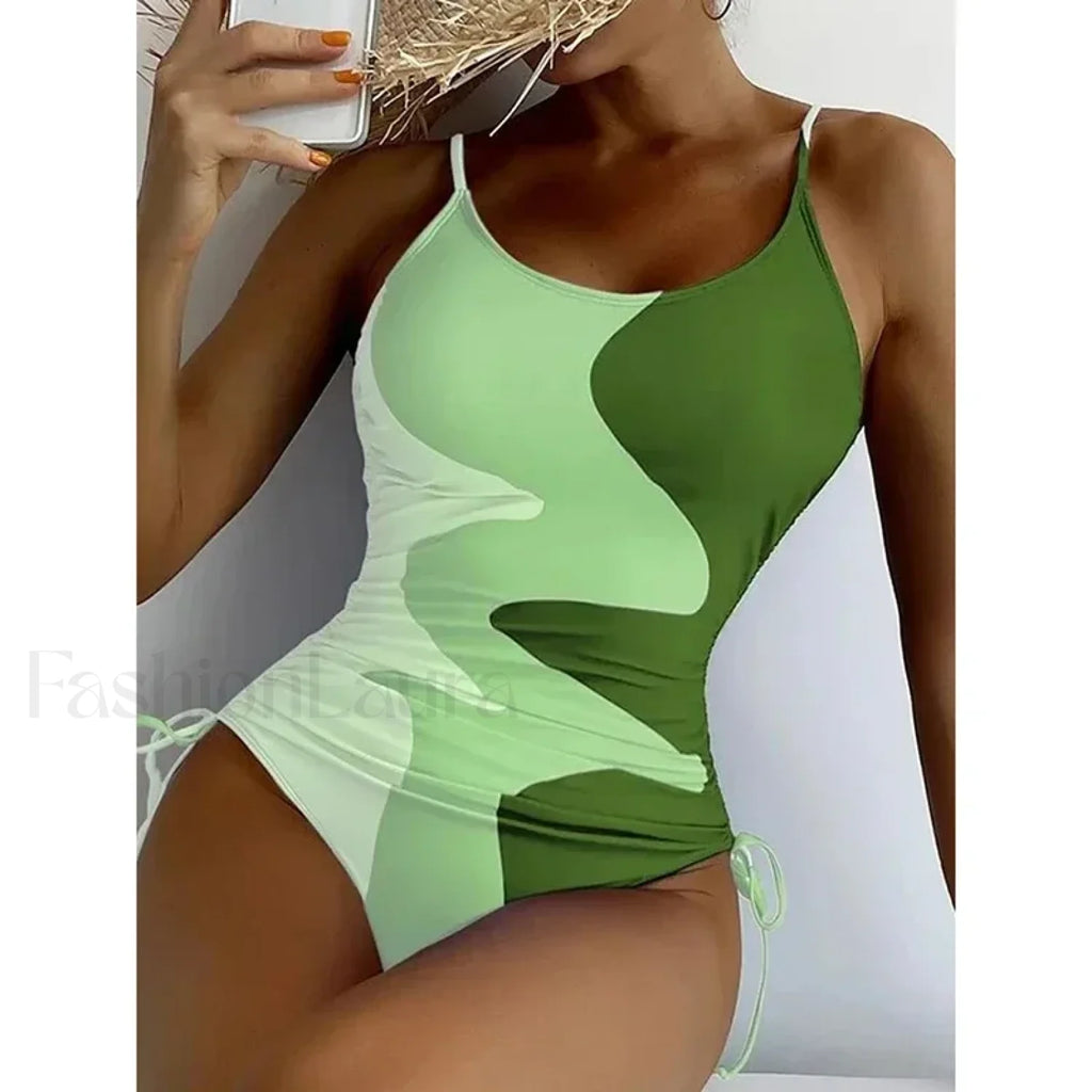 Printed Lace Up Drawstring One Piece Green / S