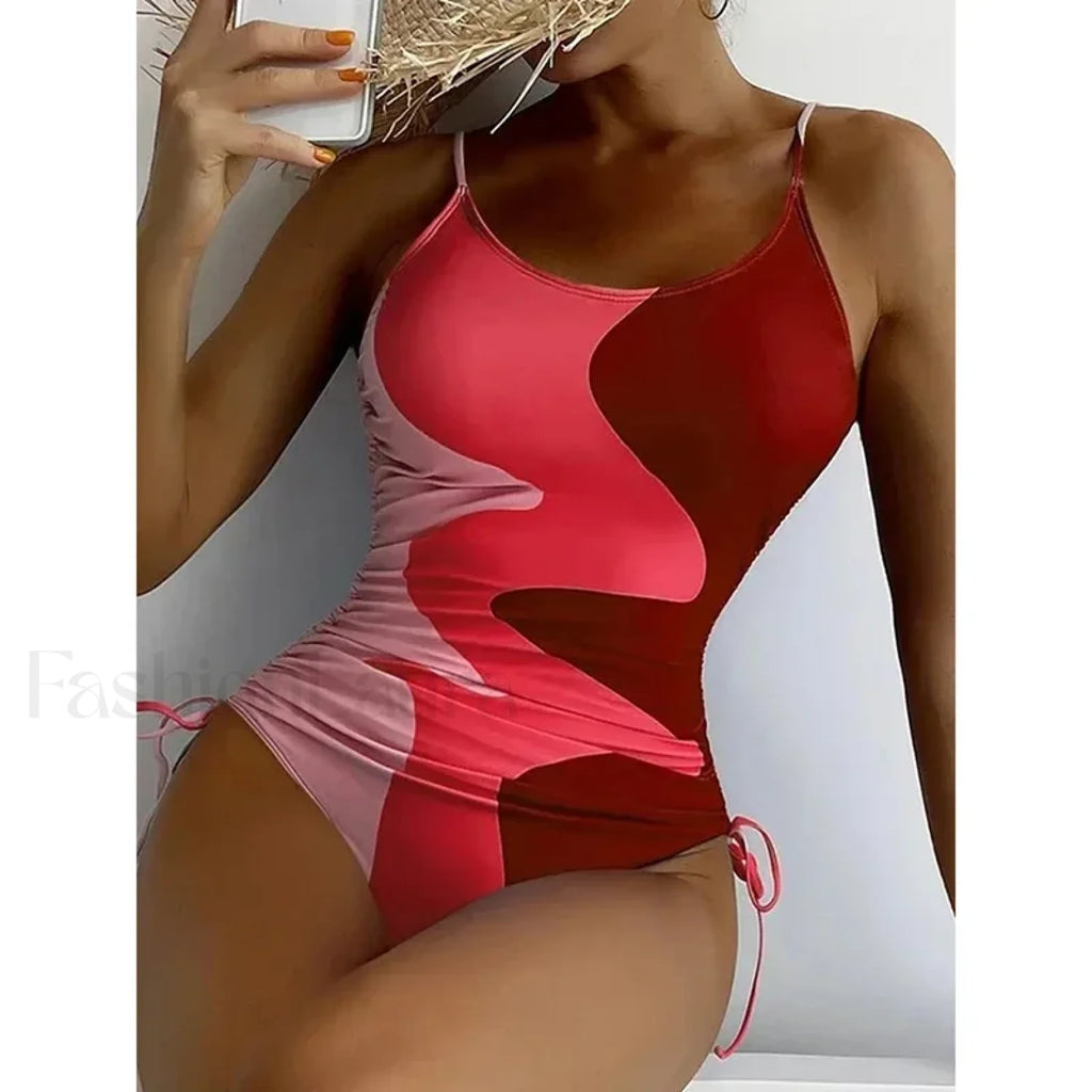 Printed Lace Up Drawstring One Piece Red / S