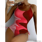 Printed Lace Up Drawstring One Piece Red / S