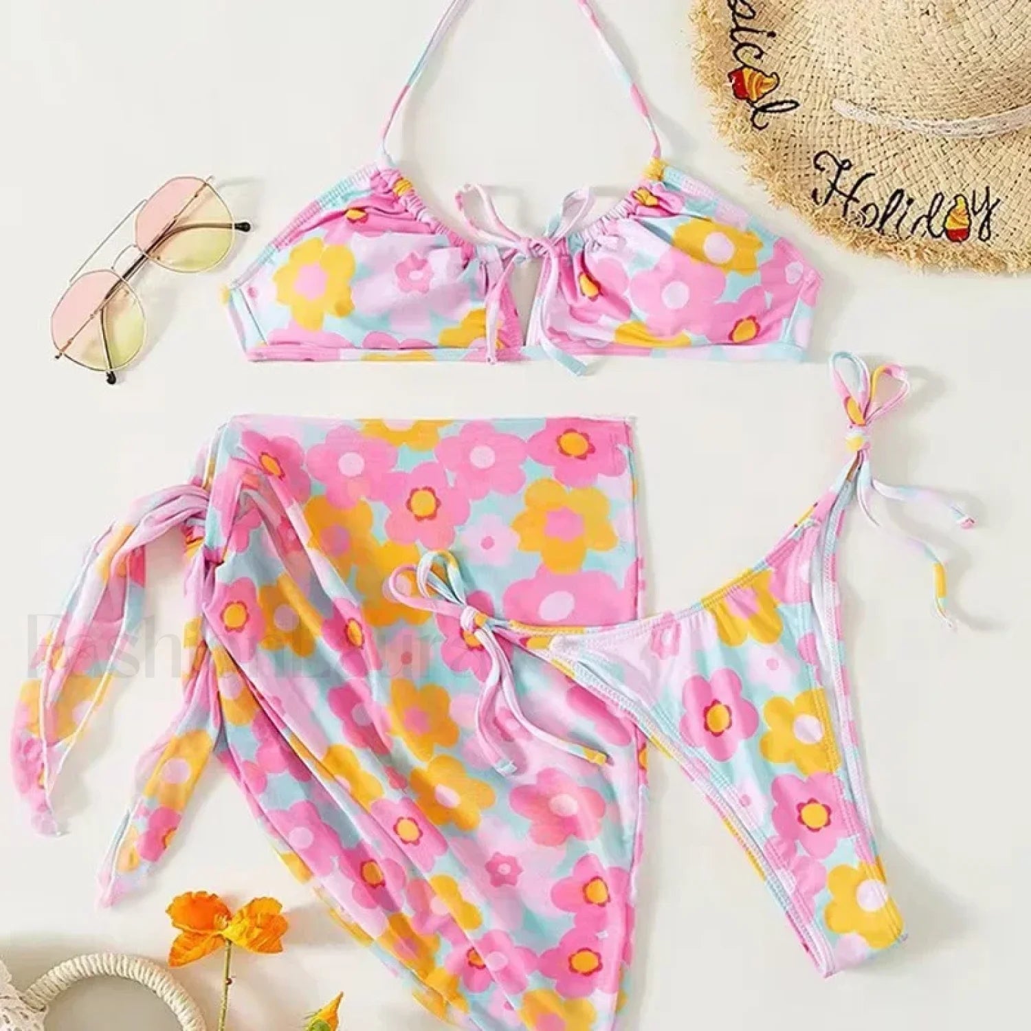 Printed Lace-Up Halter Three Piece Set Secondary image