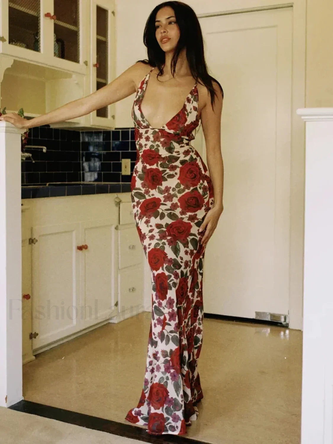 Printed Lace Up Maxi Dress Red / L Main image